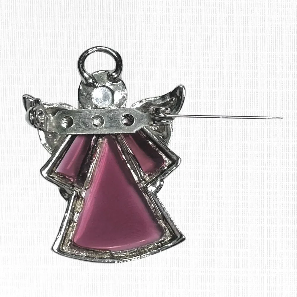 VTG Purple Stained Glass Angel Pin Brooch Silver Tone Celestial Guardian 1.75